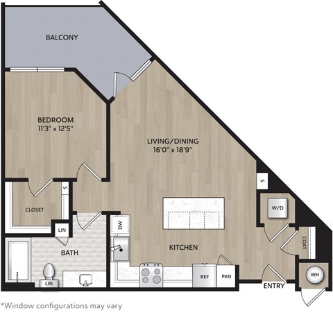 Floor plan for 1 bed, 1 bath, 744 sqft